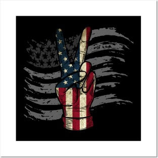 American Flag Peace Sign Hand 4th of July Posters and Art